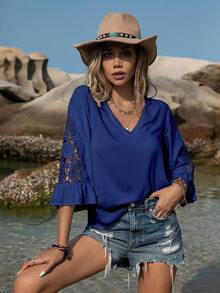 Rusttydustty Blusa casual con scollo a tacca in pizzo di taglia comoda per donne, stile boho, adatta per Pasqua, spiaggia, Hawaii, festival musicali e vacanze tropicali - Blu reale - Visualizzare 4