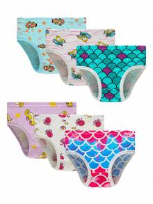 6pcs/Pack Girls' Cotton Mermaid, Heart, Rainbow Printed Underwear Briefs - Multicolor - View 2