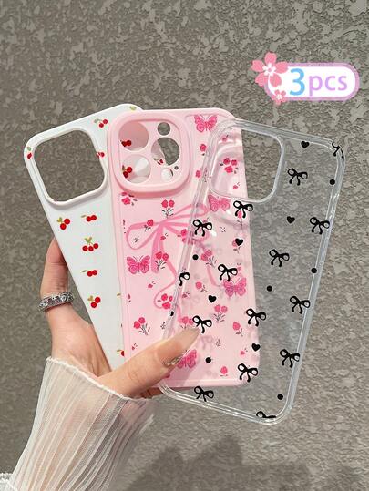 3pcs Dopamine Cute Girl Transparent White & Pink Phone Cases, 1pc Small Red Cherry Pattern White Phone Case, 1pc Rose Floral & Butterfly Print Pink Protective Phone Case, 1pc Black Bow Heart Transparent Phone Protective Cover, 3 Different Pattern Phone Cases