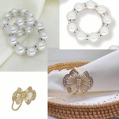 1 件珍珠蝴蝶结餐巾环，带水钻设计，弹性珍珠圆形餐巾架，适用于酒店、婚礼、户外、家庭聚会餐桌装饰