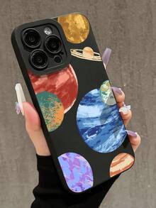 1pc Artistic Textured Cosmic Planet Pattern Black Cat Eye Full Coverage Soft Phone Case Compatible With IPhone 11/12/13/14/15/16 Pro Max - Multicolor - View 2
