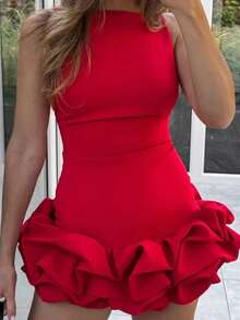 DEEKA Sweet Sleeveless Cropped Mini Ruffle Dress For Women, Spring/Summer - Red - View 8