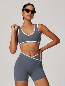 MASKERT 女士运动套装、背心套装、健身套装、瑜伽套装、紧身跑步运动套装、高弹套装、休闲家居服套装、亲肤舒适 - 霧霾藍 - 查看 4