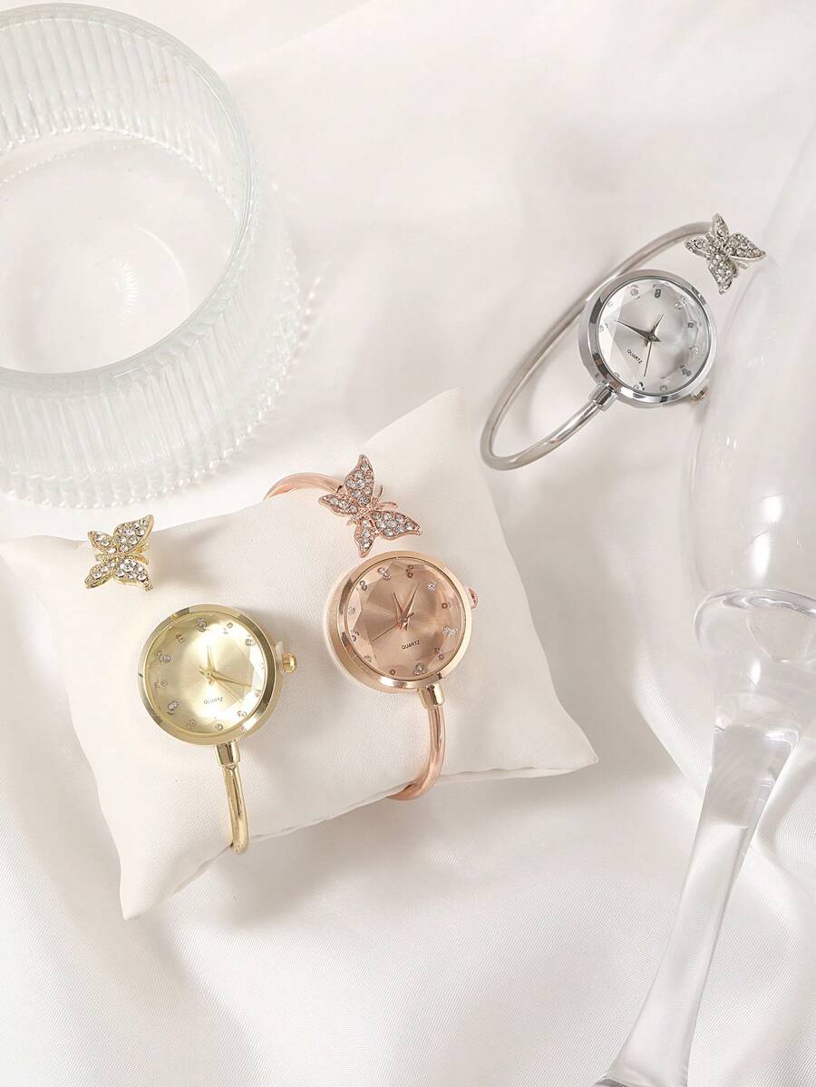 全新时尚女士蝴蝶手链表钻石切割玻璃水钻表盘石英表手链表礼物 - 均碼 - 查看 1