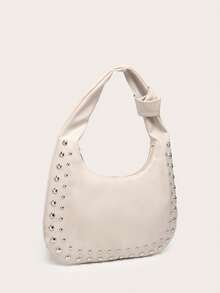 Women's Crescent-Shaped Shoulder Bag, PU Material, Large Capacity, Rivet Decor, Vintage Style, Suitable For Commuting And Outings - Apricot - View 3