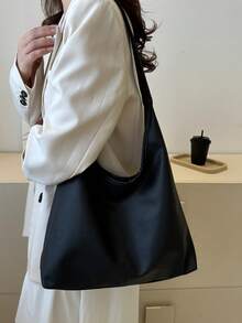咖啡色/黑色纯色PU大容量磁扣休闲时尚单肩手提包，适合女孩日常使用 - 黑色 - 查看 6
