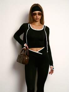 PinkTip Women's Autumn Yoga Dance Pilates 3 Pieces Set, Solid Color Seamless Elastic Sports Vest, Casual Minimalist Outerwear Long Sleeve Sports Jacket, Fitness Running Training Outdoor Sports Flared Pants - Black - View 3