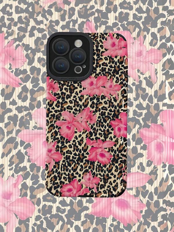 1 pieza Funda de teléfono suave y a prueba de golpes de piel sintética con estampado de flor rosa y leopardo compatible con Apple 16/16 PLUS/16 PRO/16 PRO MAX/11/12/13/14/12 Pro Max/13 Pro Max/14 Pro Max/ 15, 15 PRO, 15 PLUS, 15 PRO MAX