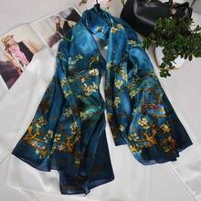 100% Mulberry Silk Scarf For Women Lightweight Long Scarves Beach Wraps Cover Up -Travel Photography Scarfhalloween - 藏蓝色 - 查看 7
