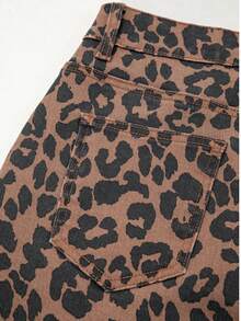 Leopard Print Frayed Side Slit Denim Midi Skirt - 棕色 - 查看 10