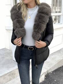 女士优雅冬季外套，带毛领，连帽绗缝外套，系带黑色 - 黑色 - 查看 8