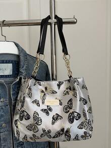 Fashionable Striped Handbag - Women's Large Capacity Shoulder Bag - Zipper Tote Bag For Daily Use - Metal Chain Tote Bag, Waterproof Nylon Material With Colorful Butterfly Pattern, Suitable For Back To School Students - Black - View 9