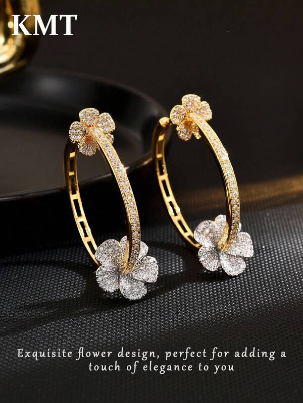 KMT 2pcs Women's Copper Plated Artificial Zirconia Flower Wreath Earrings, Elegant Jewelry For Engagement, Wedding, Bridal, Bridesmaid, Party, Suitable For Everyday Wear