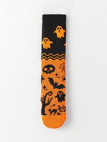 4 Pairs Halloween Themed Crew Socks, Pumpkin, Witch, Ghost, Bat Designs, Funny & Socks, Suitable For Holidays And Gifts, Fall Socks