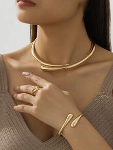 1 Set Fashionable Elegant High-End Geometric Alloy Bracelet, Ring, Necklace, Earrings Jewelry Set For Women, Suitable For Festivals, Parties, Dates, An Elegant Gift For Girlfriend - Gold - View 2