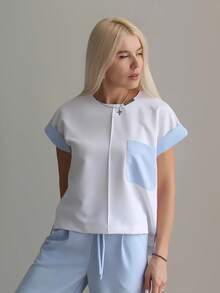 cimmuovere Damen Kontrast V-Ausschnitt Kurzarm Taschen Lässig Pflege Uniform Frostoptik Oberteil