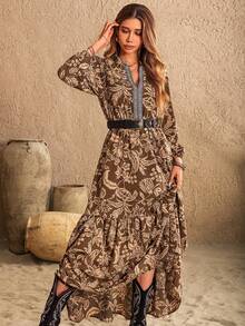 Rusttydustty Women's Dark Blue Randomly Printed V-Neck Long-Sleeved Dress Bohemia Tourism Music Festival - Mocha Brown - View 5