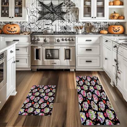 1 Stück verdickter 0,47 Inch/1.2cm Halloween Themen Küchenmatte, Schädel Muster Teppich, perfekt für Küche, Waschraum, Büro oder Garage, Halloween Dekoration Halloween Party