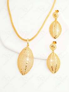 24K 镀金迪拜风格 2 件女士首饰套装，优雅花卉图案项链和耳环，适合新娘 - 金色 - 查看 7