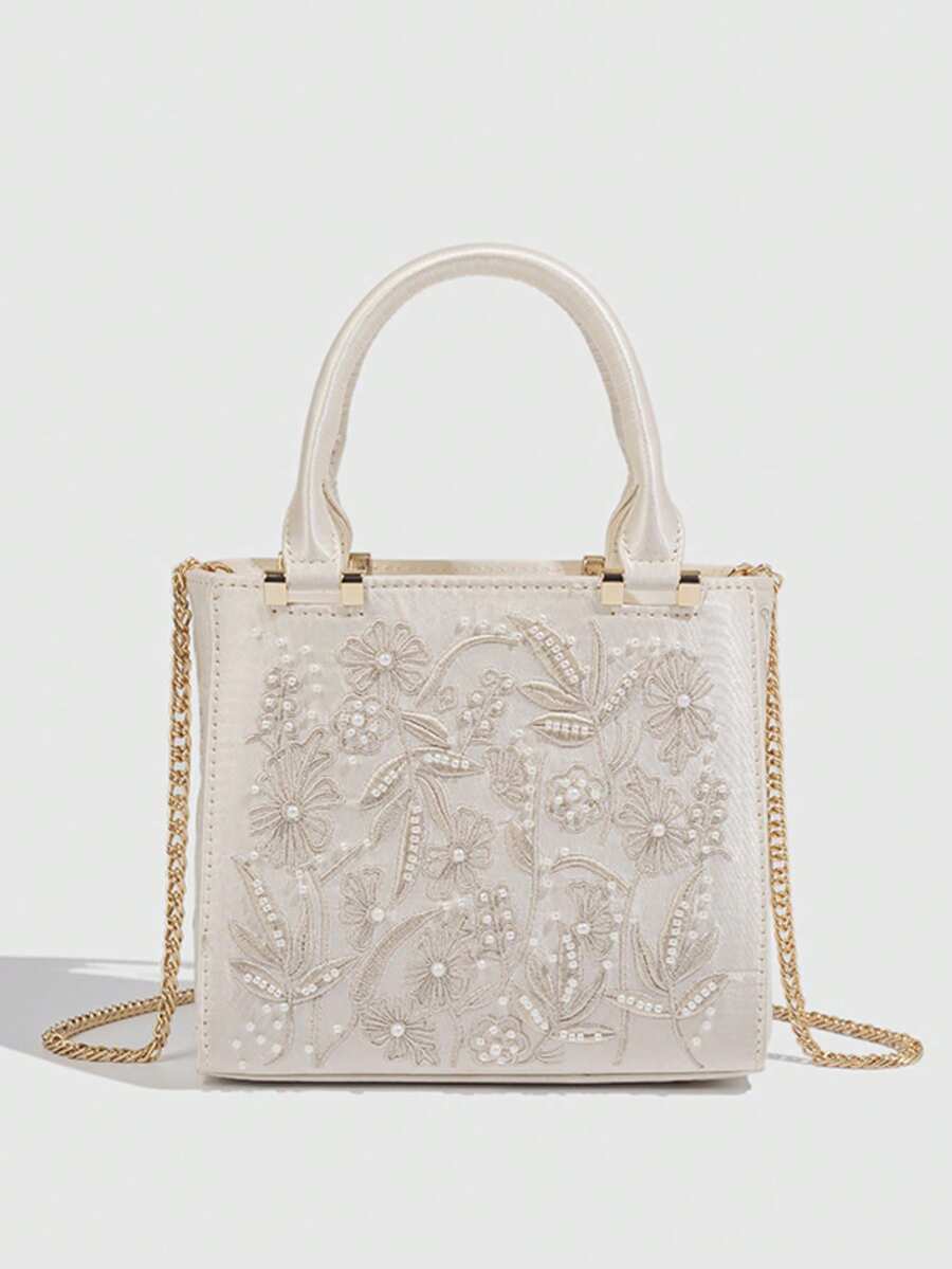 Moonlight White Faux Pearl Embroidered Mini Handbag, Exquisite Floral Embossed Evening Bag , Gifts For Women - White - View 1