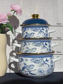 1 Set Enamel Bowls/Buckets/Pots, Food Storage Containers With Lids, Available Sizes: 10/12/14/16/18cm. 1 Set Covered Soup Pots With Gold Rim, Sizes: 16/18/20cm. Suitable For Storing Fruits And Vegetables, Round Flip-Top Lids , Elegant Design, Great Gift For Kitchen, Living Room, Patio And Dining Table.