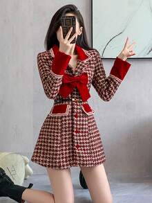 RUIWY 女士时尚优雅千鸟格蝴蝶结装饰红色连衣裙，收腰修身，适合节日、婚礼