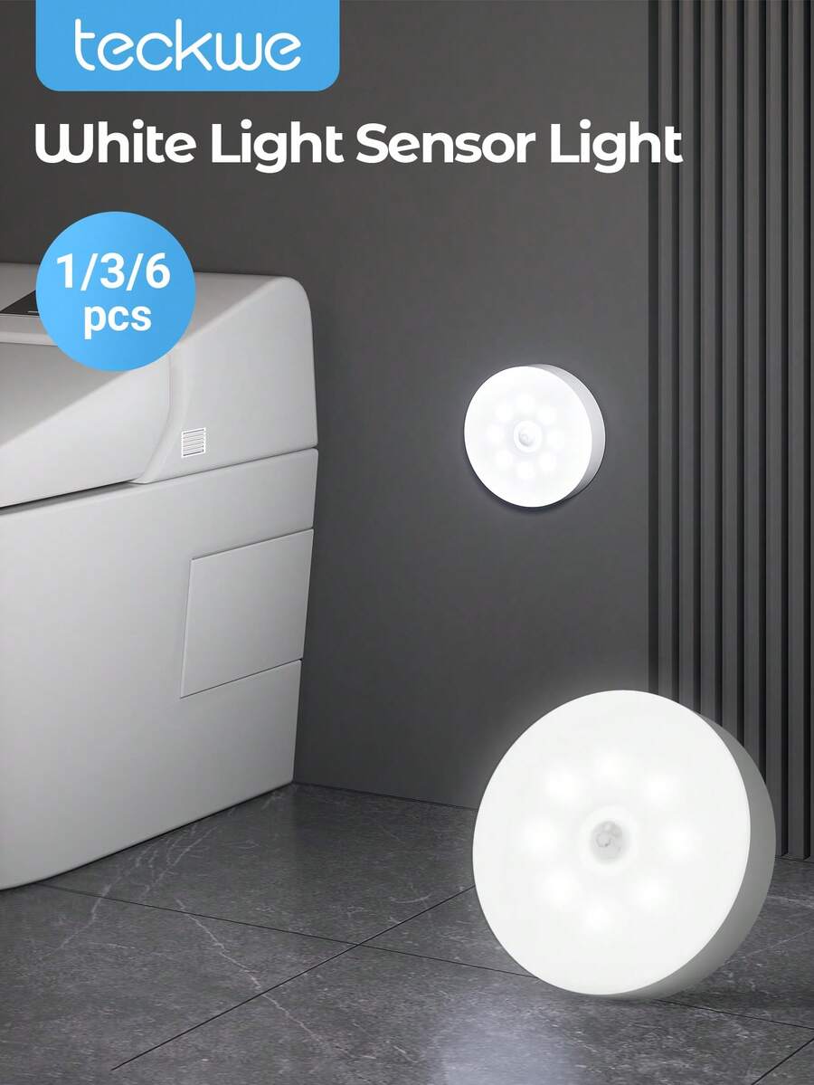 Teckwe 6件/3件/1件 LED無線感應壁燈,可充電夜燈自動開關,適用於廚房、臥室、客廳、走廊、浴室、房間裝飾 - 白光 - 查看 1
