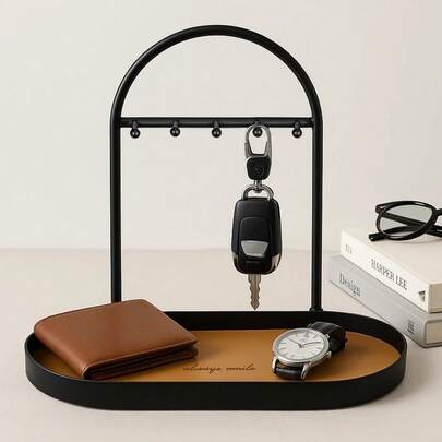 Shoze Modern Metal Key Holder & Organizer - Oval Entryway Tray With Multiple Hooks For Keys, Watches, Jewelry - Durable Multi-Purpose Home Decor For Bathroom, Desk, Countertop Storage, Desktop Accessory, Sleek Design, Powdercoated Finish, Bathroom Storage,