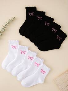 10/5 双纯色儿童袜子/校袜，可爱的蝴蝶结装饰，柔软舒适的休闲踝袜，适合日常生活、返校、校园、运动、教室、新学期、学生、返校季