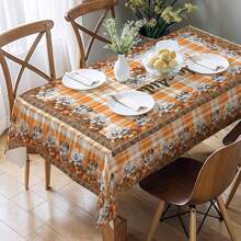 1 pièce Nappe avec motif citrouille et chien pour Thanksgiving, décoration saisonnière de table de cuisine/salle à manger, tailles rondes/rectangulaires, en polyester, décoration de fête intérieure/extérieure, décoration de vacances de Thanksgiving, décoration de cuisine à la maison