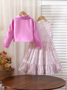 2pcs/Set Girls Casual Sweet Style Long Sleeve Jacket And Ditsy Floral Dress Outfit, Spring/Summer New Arrival - Multicolor - View 3