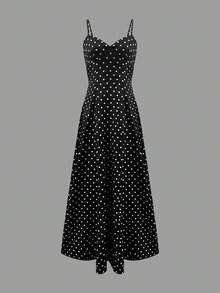 女式圆点印花露背V领无袖连衣裙