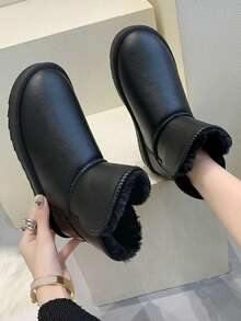 Damskie czarne, wodoodporne, skórzane, zimowe buty śnieżne z termiczną podszewką, miękką podeszwą, modne krótkie buty, antypoślizgowe i wygodne, futrzane buty