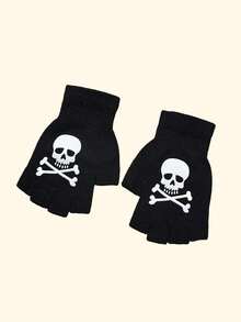 1pc Halloween High-End Skeleton Fingerless Gloves, Mysterious Skeleton Gloves, Halloween European And American Style Unisex Knitted Fingerless Skeleton Head Claw Half Finger Gloves For Performance, Party