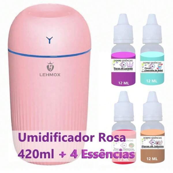 KIT Umidificador Aromatizador ROSA GRANDE 420ml + 4 Essências | Difusor Discreto/Egg| Aromas 12ml M.J.C.L