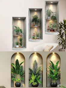 3pcs/Set Nordic Green Plant Theme Faux Arch Window Flower Pot Wall Stickers, 3 Pieces Self-Adhesive Removable Decorative Decals, Suitable For Living Room, Dining Room, Study And Other Connected Decor, Creative Home Wall Art - Multicolor - View 16