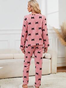 2pcs Women Fairy Style Sleepwear Set, Thermal Lined Long Sleeve Top And Pants, Elegant Bow Decor Homewear Outfit Suitable For Outerwear, Fall Winter Clothes, Fluffy Pajama, Cozy