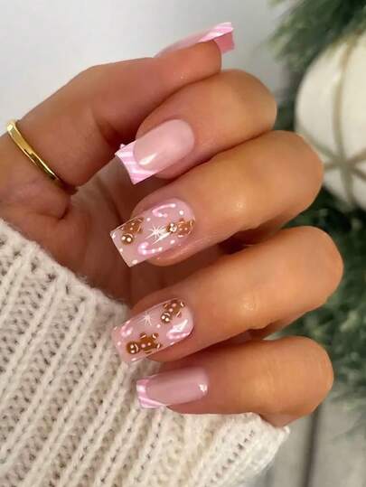 24 Stücke mittlere quadratische Nägel, kreativ und elegant mit Sternenhimmel, Mond und Sternen Fake Nägel Nagelkunst, zum Aufkleben.