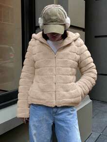 Chaqueta con capucha de piel sintética con bolsillos para mujer Risissida - La elección perfecta para otoño/invierno - Beis - Ver 2