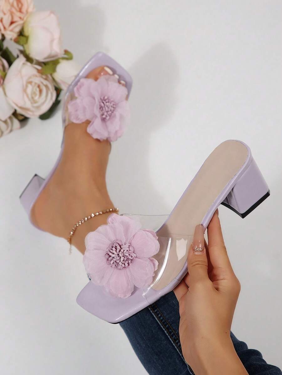 Dép xỏ ngón hở mũi đế dày họa tiết hoa trong suốt dành cho nữ, thiết kế kiểu Pháp thanh lịch, chất liệu PVC, thích hợp cho các buổi hẹn hò và đi chơi bình thường
