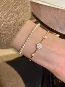 1 件不锈钢奢华复古四叶草弹性手链，带水钻，闪亮日常百搭 - 綠鑽花朵手鍊 - 查看 5