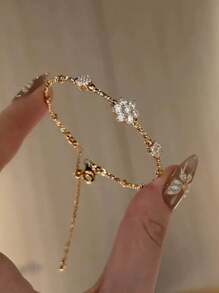 1 件不锈钢奢华复古四叶草弹性手链，带水钻，闪亮日常百搭 - 綠鑽花朵手鍊 - 查看 9