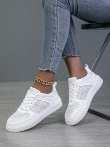 秋冬女士休闲鞋、时尚运动鞋、街头风格小白鞋、轻便滑板鞋 - 白色 - 查看 1