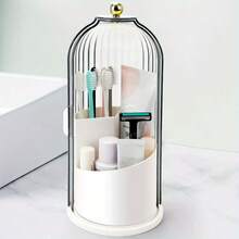 Elegant White And Gold Sliding Toothbrush Holder - 360 ° Rotating, Dustproof Bathroom Vanity Storage Box | Versatile Storage Toothbrushes, Toothpaste, Makeup Brushes, And More | Stylish Design With Transparent Door, Bathroom Tray, Bathroom Storage Box | Stylish Storage Box | Durable Plastic, Toothbrush Storage Box, Bathroom Tray, Bathroom Storage Box - 透明的 - 查看 3