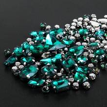 1 Pack Of Approx. 130pcs Silver Metal Claw Sew On Rhinestones, Mixed Shapes Glass Gems Sewing Stones - 130 Pieces Of Dark Green On Silver Background - View 2