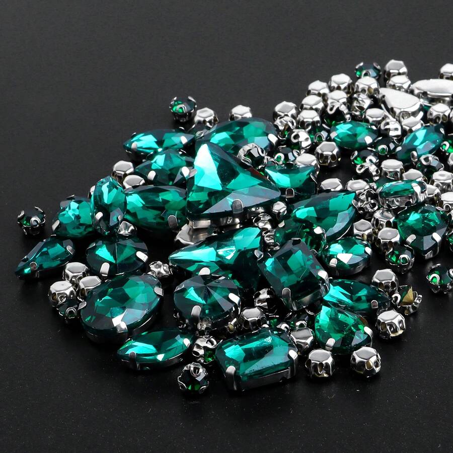 1 Pack Of Approx. 130pcs Silver Metal Claw Sew On Rhinestones, Mixed Shapes Glass Gems Sewing Stones