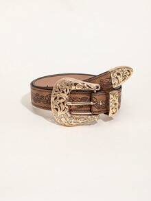 1pc Women's Retro Western Metal Buckle Burgundy Leopard Print Multi-Color Dragon Pattern Flower Belt Jeans Versatile Decorative Belt - 鏤空金屬扣 - 查看 1