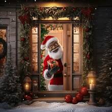 1pc Charming Black Santa Claus Polyester Door Curtain - Holiday Welcome Banner, Vibrant Christmas Scene, Indoor Outdoor Decor, Polyester, Christmas Decoration - Multicolor - View 3