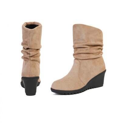 여성용 두꺼운 밑창 웨지 부츠, 가을/겨울 패션 앵클 부츠, 슬립온 다용도 미드 종아리 부츠, 블랙 스웨이드, 베이지, 브라운, 버건디 주름 부츠