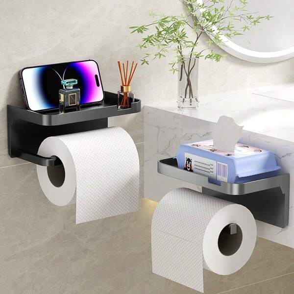 1pc Modern Wall-Mounted Toilet Paper Holder With Phone Holder - Polished Surface, No Drilling Required, Easy Installation, Multi-Function Bathroom Storage Caddy For Tissues And Essentials, Durable Plastic, Space-Saving Design, Suitable For Home And Hotel Use, Bathroom Organization And Storage